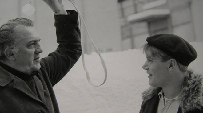 Bruno Zanin insieme a Fellini sul set di Amarcord