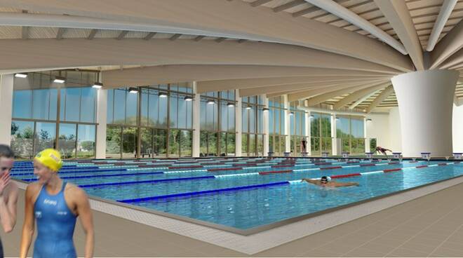 Uno dei rendering del progetto, con la vista interna del nuovo polo natatorio pubblico di Rimini