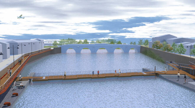 Un rendering del progetto relativo al ponte di Tiberio a Rimini
