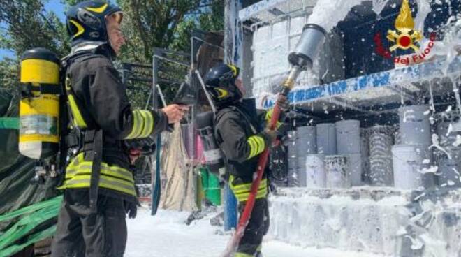 Coriano, sterpaglie in fiamme propagano il fuoco al magazzino di una ditta